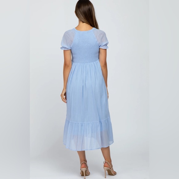 Light Blue Smocked Ruffle Hem Maternity Midi Dress - Picture 2 of 5